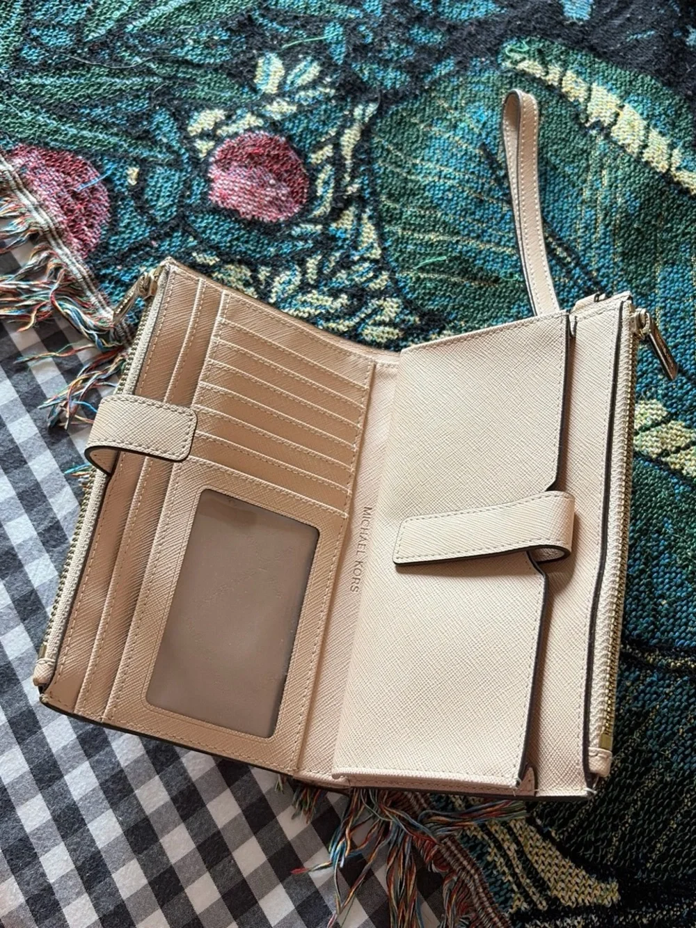 Michael Kors Cream Leather Wristlet Clutch with Gold Logo